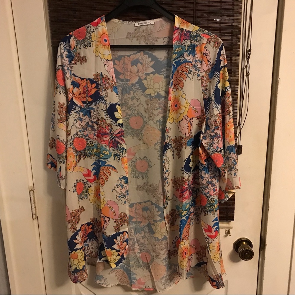 Pink Milly Kimono Duster Swimsuit Coverup L 3/4 Sleeve Beautiful Floral